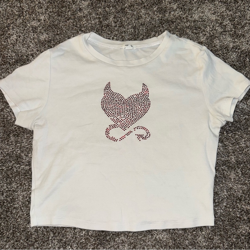 Garage White Crop Top w/ Heart Rhinestones
